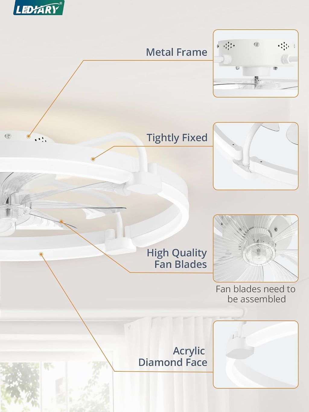 LEDIARY 20 Inch and 24 Inch Ceiling Fans with Lights and Remote, 3000-6000K Dimmable Modern Flush Mount LED Fan Light, 6 Wind Speeds, White Fandelier Ceiling Fans for Bedroom