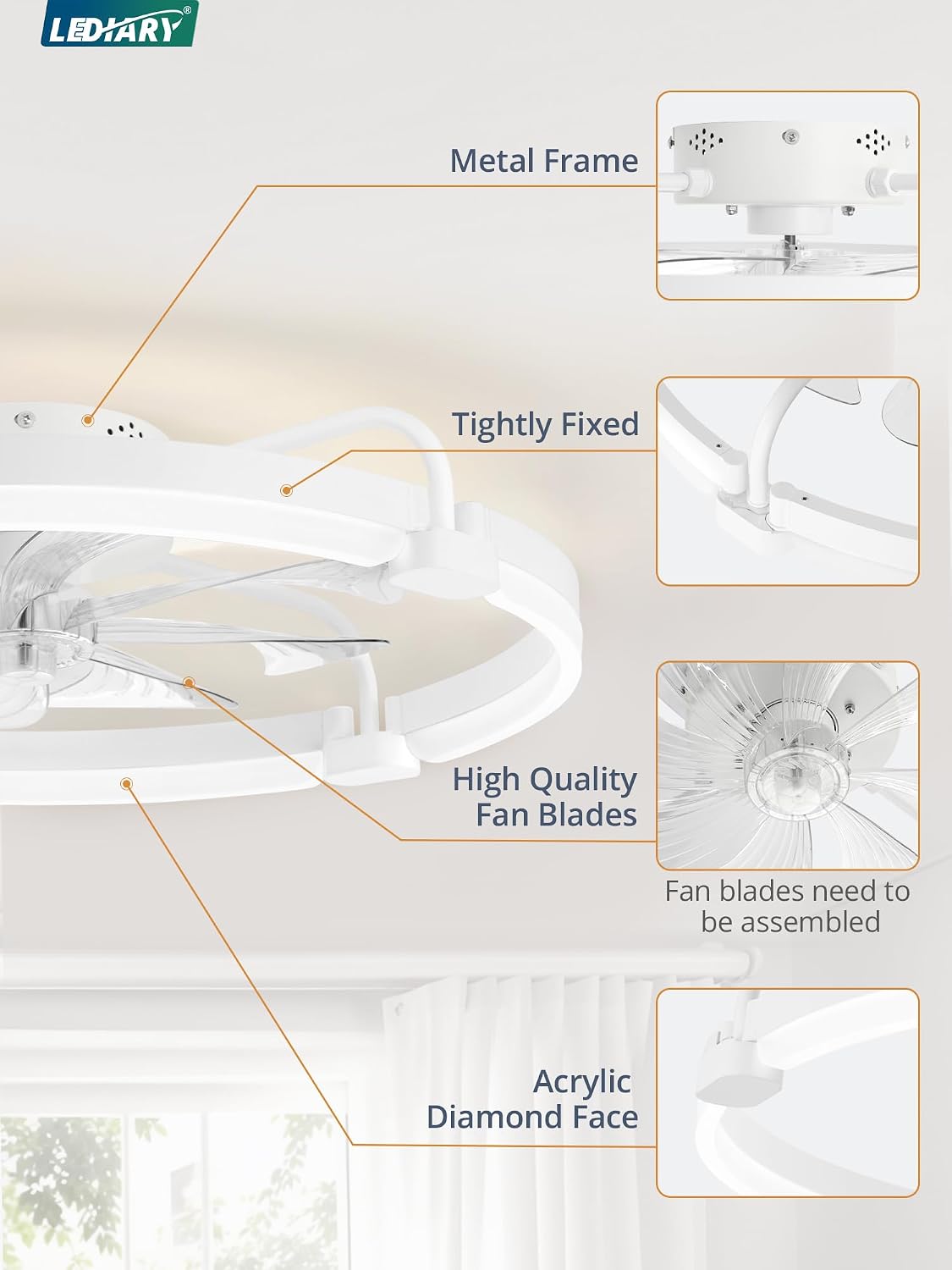 LEDIARY 20 Inch and 24 Inch Ceiling Fans with Lights and Remote, 3000-6000K Dimmable Modern Flush Mount LED Fan Light, 6 Wind Speeds, White Fandelier Ceiling Fans for Bedroom