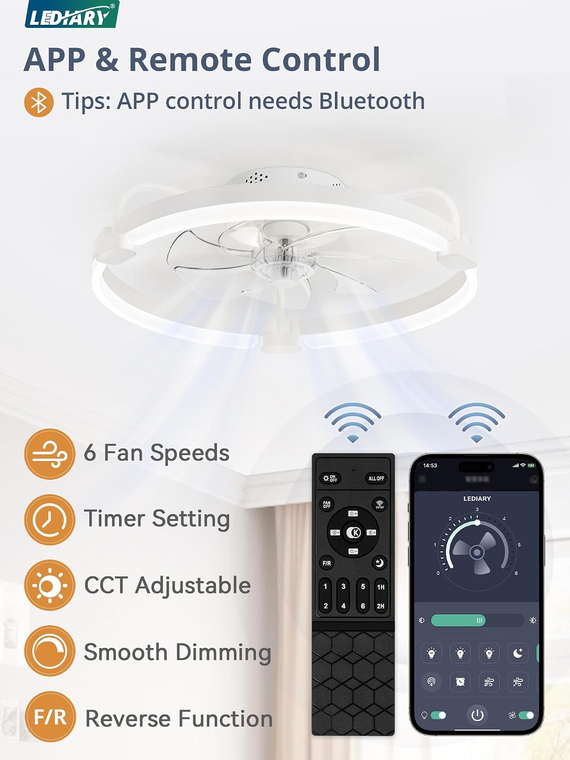 LEDIARY 20 Inch and 24 Inch Ceiling Fans with Lights and Remote, 3000-6000K Dimmable Modern Flush Mount LED Fan Light, 6 Wind Speeds, White Fandelier Ceiling Fans for Bedroom