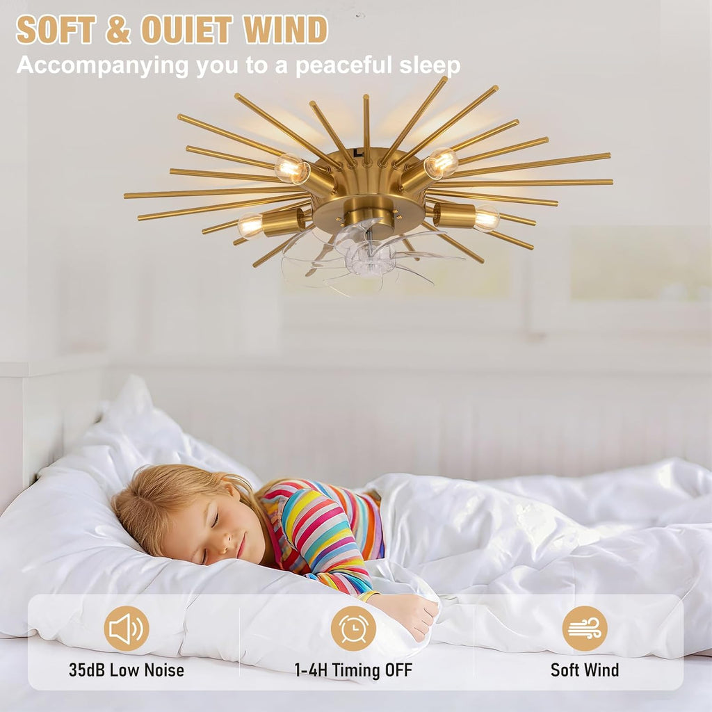 30' Low Profile Flush Mount 5 Light Ceiling Fans with Lights and Remote, Modern Metal Fandelier Ceiling Fan with Light, Farmhouse Gold Ceiling Fan for Bedroom,Living Room,Foyer (6 Speeds,Timing)