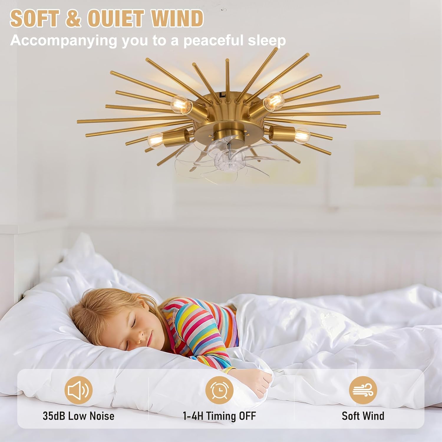 30' Low Profile Flush Mount 5 Light Ceiling Fans with Lights and Remote, Modern Metal Fandelier Ceiling Fan with Light, Farmhouse Gold Ceiling Fan for Bedroom,Living Room,Foyer (6 Speeds,Timing)