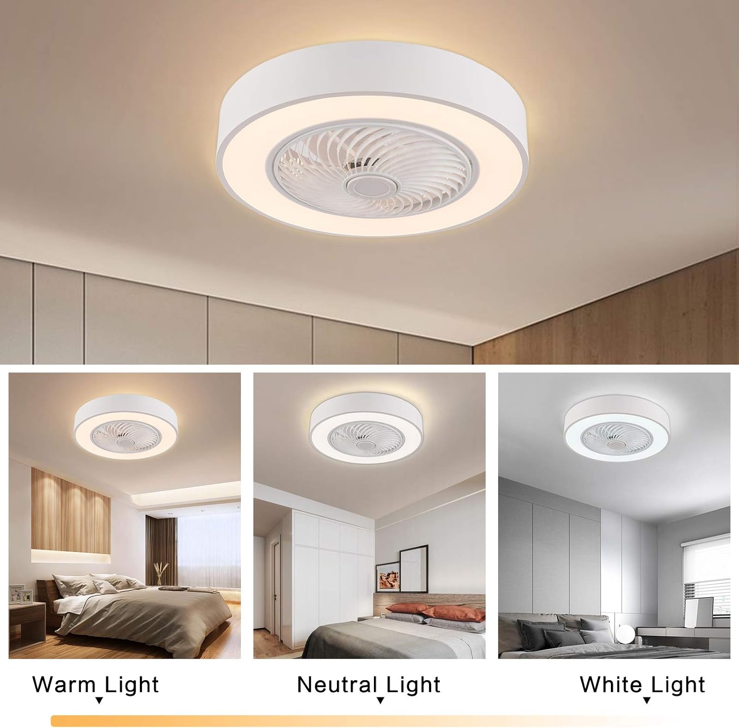 Ceiling Fan with Light Kit,22 Inch Modern LED Remote Control Semi Flush Mount Fandelier with Invisible Acrylic Blades,3 Colors 3 Speeds Changing,Enclosed Low Profile Fan (White)