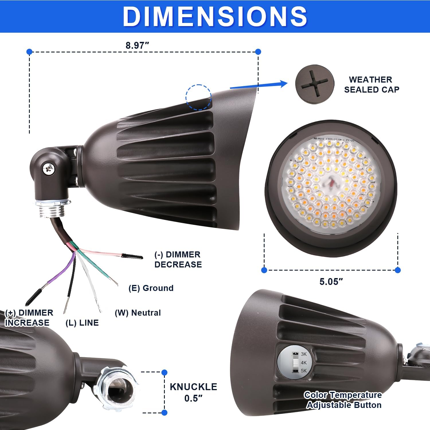 OSTEK 8 Pack LED Bullet Flood Light, 30W/40W/50W & 3CCT Selectable, 0-10V Dimmable Commercial Landscape Spotlight with Knuckle Mount for Flag Pole, Yard, Wall, 120-277V, IP65, UL Listed