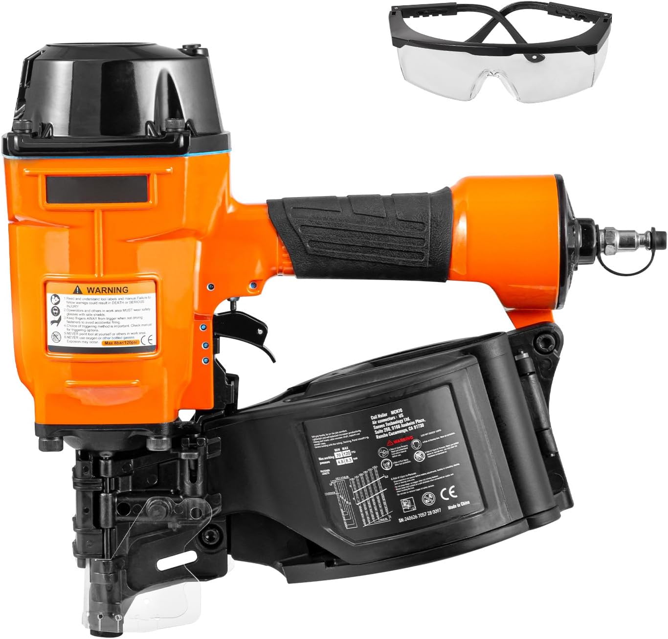 Happybuy Coil Siding Nailer MCN70, 1-3/4' to 2-3/4' 15 Degree Pneumatic Siding Nail Gun, 70-120PSI Air Coil Nailer for Pallet, Crating, Framing, Siding and Fencing