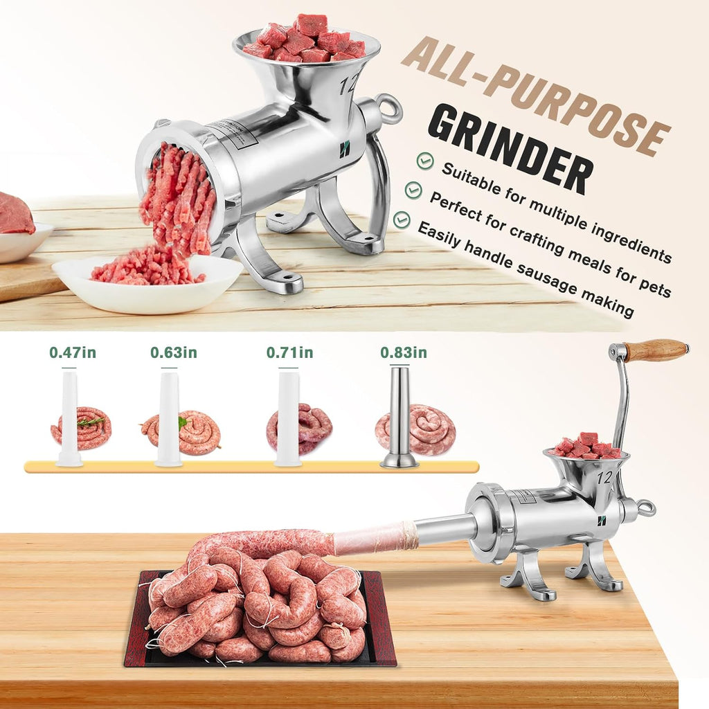 Huanyu Upgraded Manual Meat Grinder - Effortless Home Homemade Meals, Stainless Steel, For Sausage/Chili/Baby Food, Heavy Duty with Table Clamp HZ-12