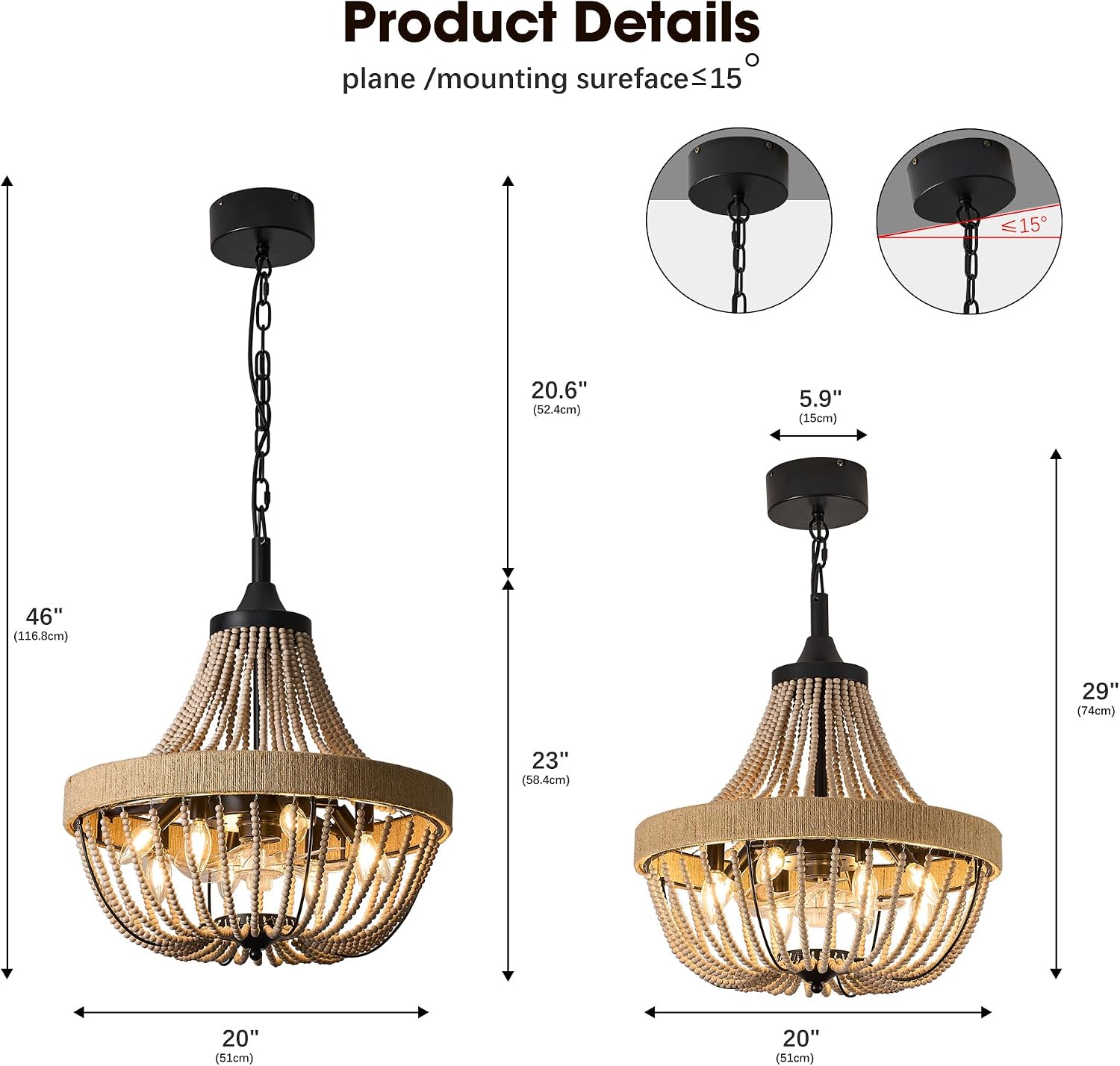 20 inch Boho Beaded Chandelier with Ceiling Fan, Remote & App Control, Reversible DC Motor, Black Farmhouse Rattan Fandelier for Dining Room, Bedroom, Kitchen