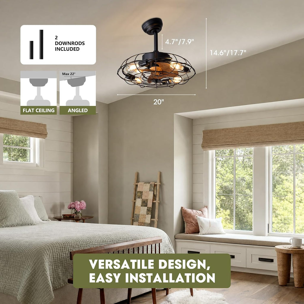 Caged Ceiling Fans with Lights, 20'' Black Farmhouse Ceiling Fan with Remote, 6-Speed Quiet Reversible Motor, Rustic Vintage Fandelier for Kitchen, Bedroom, Living Room, E26 Base
