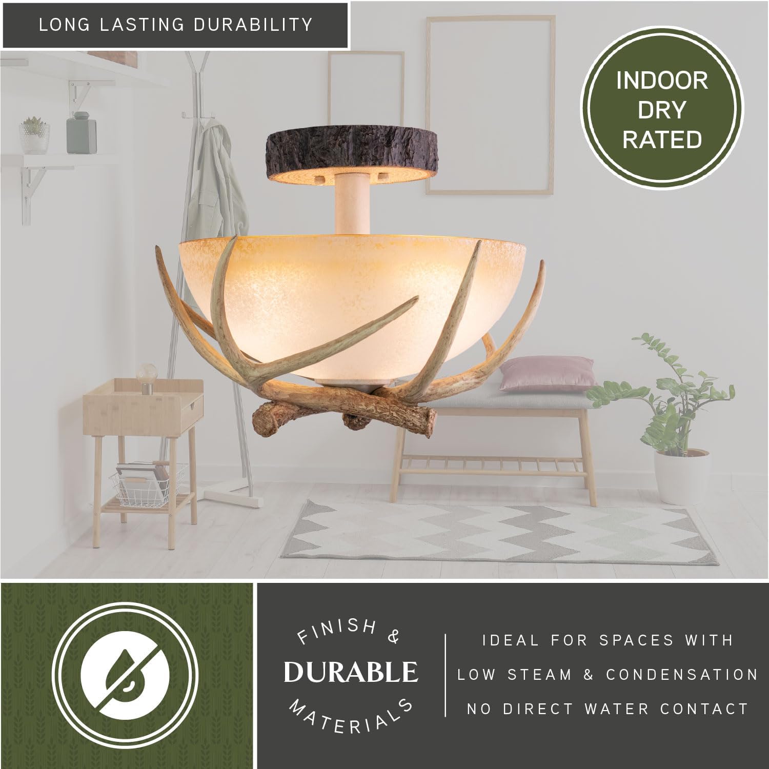 VAXCEL Lodge 16-in W Cream Rustic Antler Bowl Semi Flush Mount Ceiling Light Cream Glass
