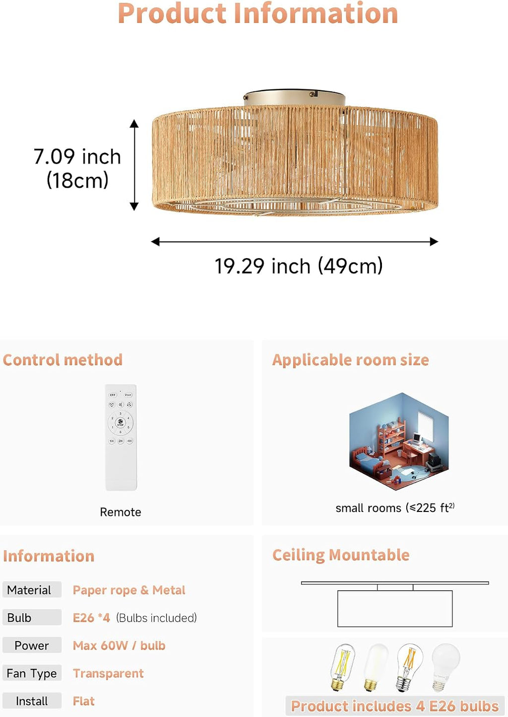 Ceiling Fans with Lights, 20' Boho Ceiling Fan with Light Flush Mount, Rattan Low rofile with 6 Speeds, Remote Control for Bedroom, Nursery, Living Room