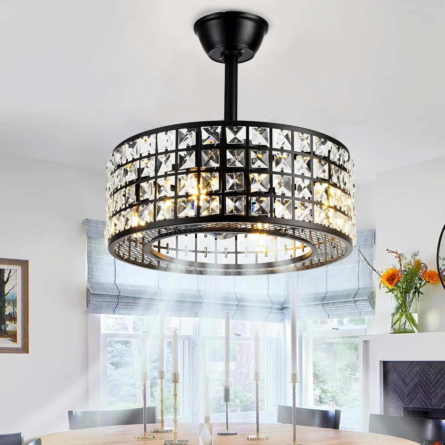 Fandian 18' Industrial Caged Ceiling Fan with Light,Bladeless Fan with 3 Speeds, Black Farmhouse Crystal Fandelier with Remote Control, Vintage Crystal Chandelier Fan for Dining Bedroom