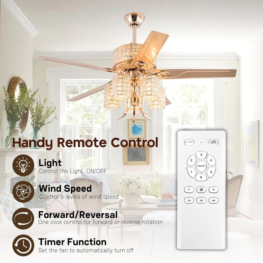 Fandelier Ceiling Fan with Light,52 inch Crystal Chandelier Fan,Remote Control,6-Speeds, Quiet Reversible DC Motor,Luxury Rose Gold Ceiling Fan for Indoor Living Room Dining Room E26