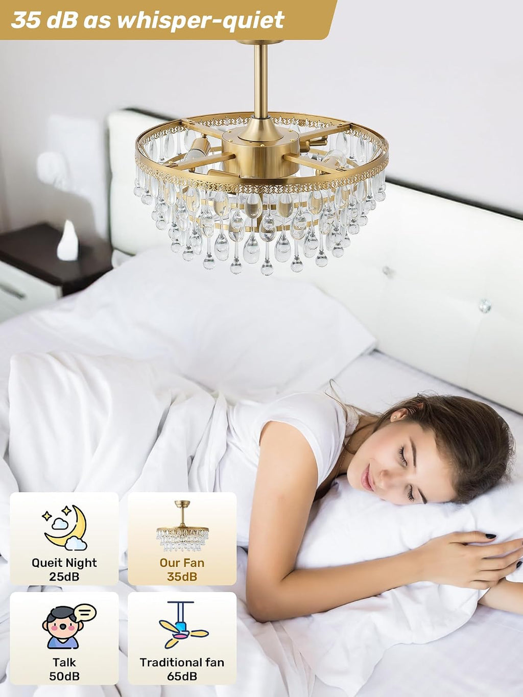 Gold Crystal Fandelier Ceiling Fan with Light, 20' Crystal Chandelier Ceiling Fans with Lights and Remote with 6 Speeds for Bedroom, Living Room, Nursery