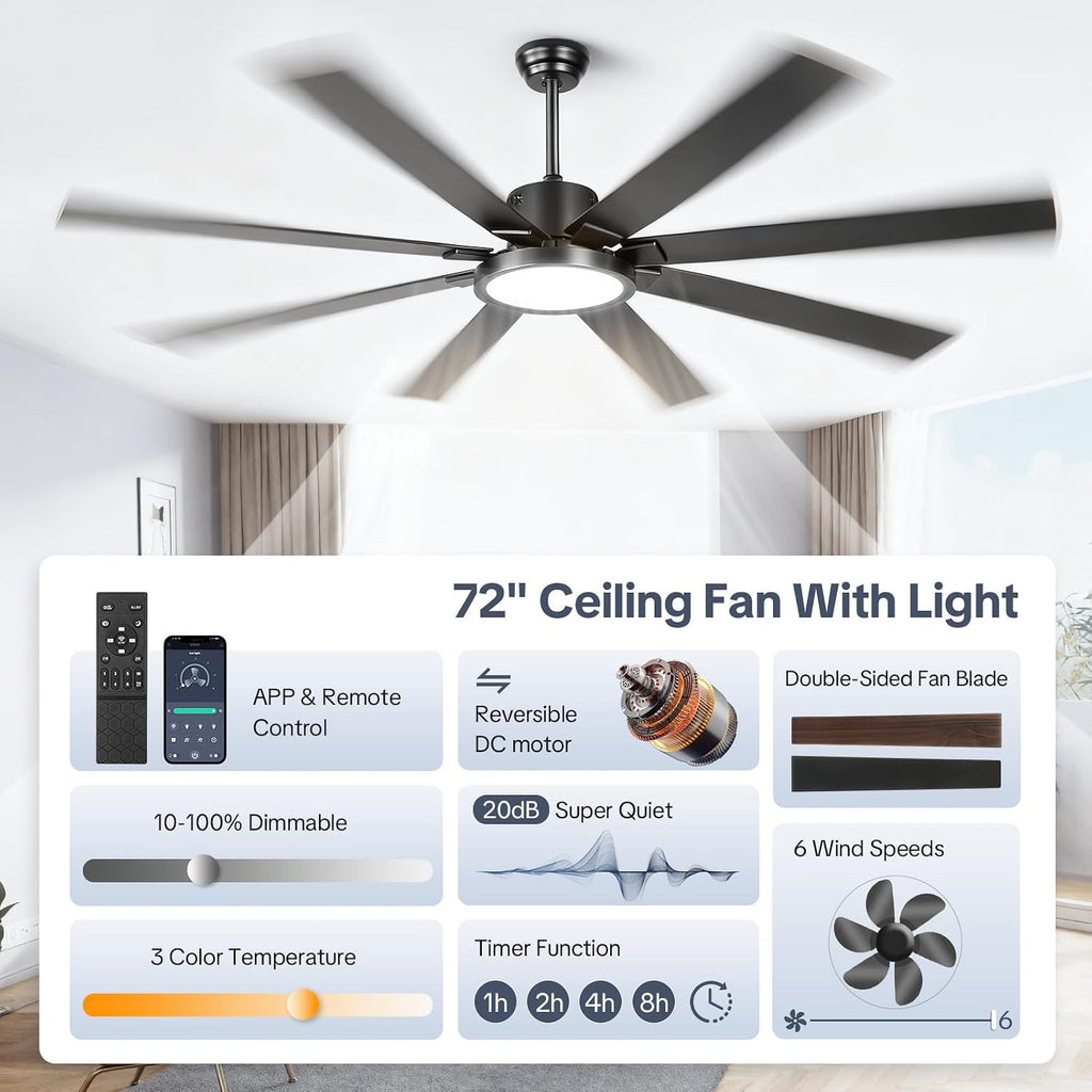 Large Ceiling Fans with Lights, Modern 72 Inch 8 Blade Outdoor Ceiling Fan with Remote APP Control - Dimmable Black Big Fan light Indoor Reversible 6 Speed Quiet DC Motor