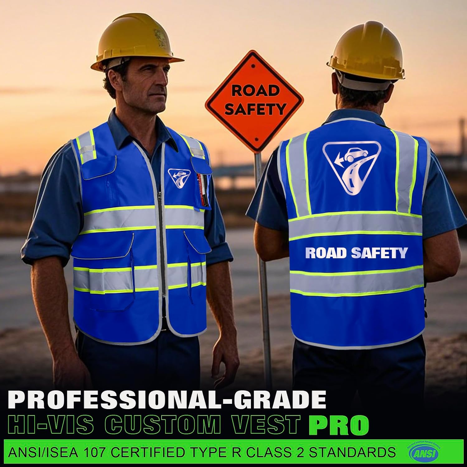 BeautyWill 5Pack Custom Logo Safety Vest 8 Pockets Class2 ANSI Certified High Visibility Reflective Vest for Men - Personalized Logo Heavy-Duty Work Vest（Blue，L）