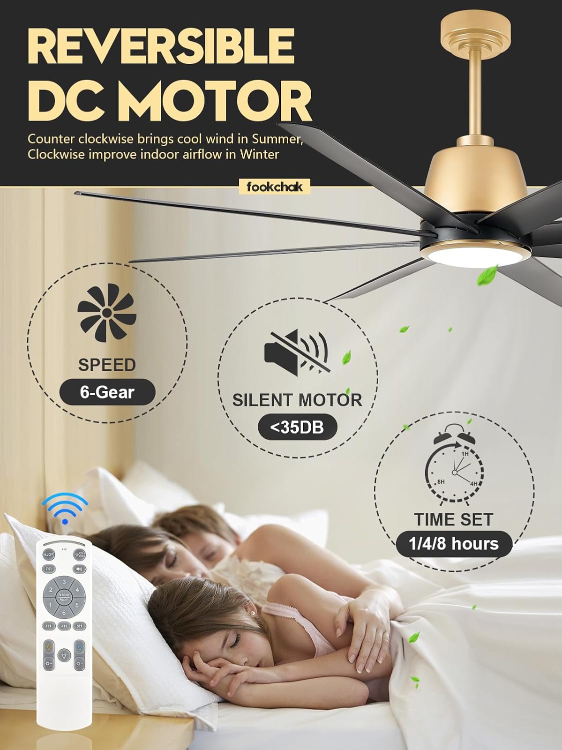 65in Black & Gold Ceiling Fan with Lights 8-Blade Outdoor Ceiling Fan for Patio Ceiling Fan Light with Remote Control, Reversible Airflow Ceiling Fan for Garage Master Bedroom