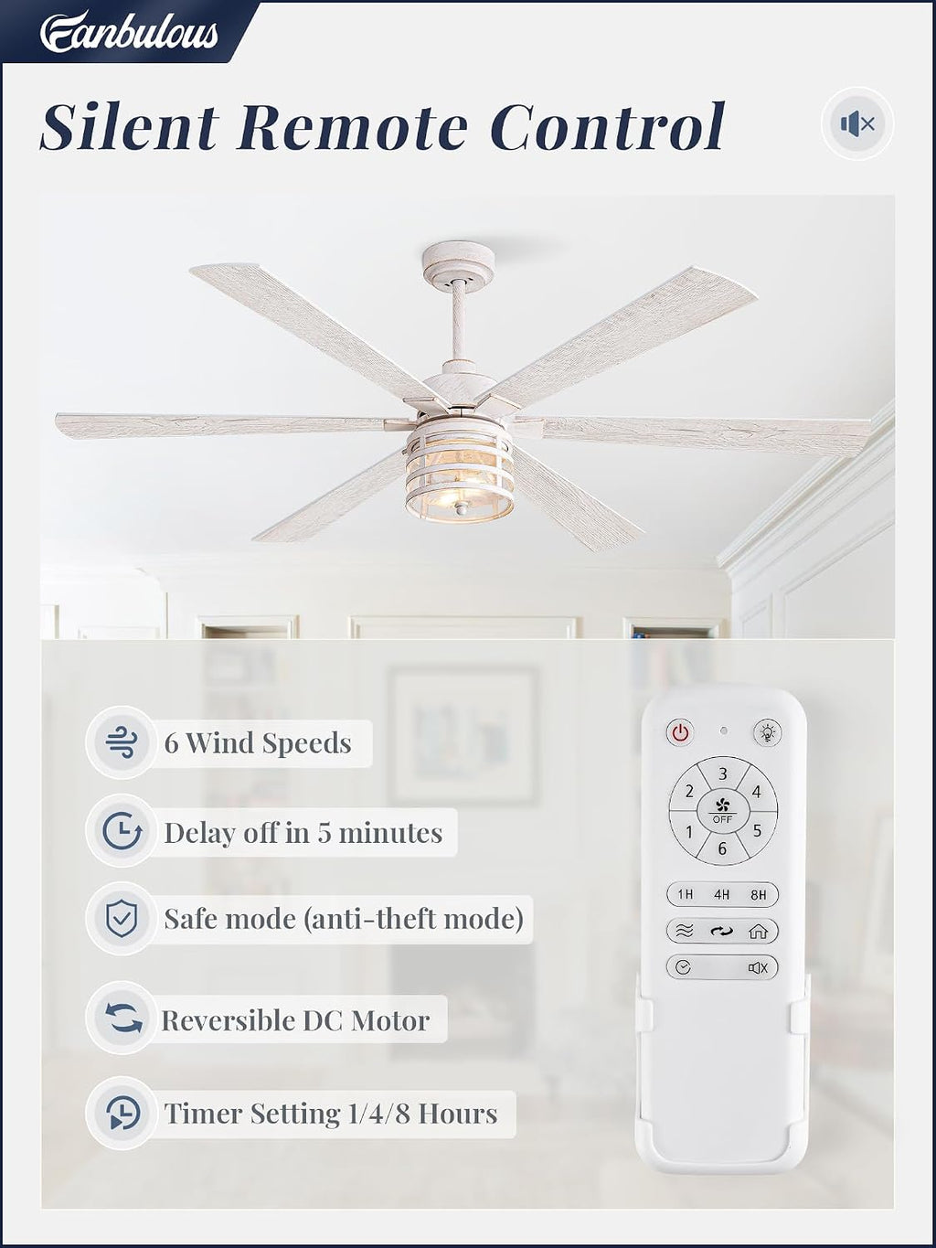 65 Inch Modern Ceiling Fans with Lights and Remote,Farmhouse Large Ceiling Fan with 6-Speed Reversible DC Motor and 6 Dual Finish Blades,White Ceiling Fan with Light for Living Bedroom Patio