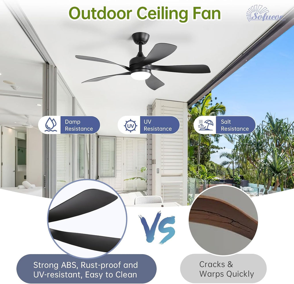 Sofucor 52 Inch Ceiling Fan with Light, Modern Ceiling Fan with Dimmable Memory LED - Quiet DC Motor, 6 Speeds 5000CFM, Timer, Reversible, for Living Room Bedroom, ETL, 5 Plastic+ABS Blades, Black