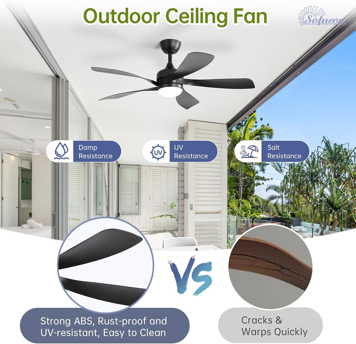 Sofucor 52 Inch Ceiling Fan with Light, Modern Ceiling Fan with Dimmable Memory LED - Quiet DC Motor, 6 Speeds 5000CFM, Timer, Reversible, for Living Room Bedroom, ETL, 5 Plastic+ABS Blades, Black