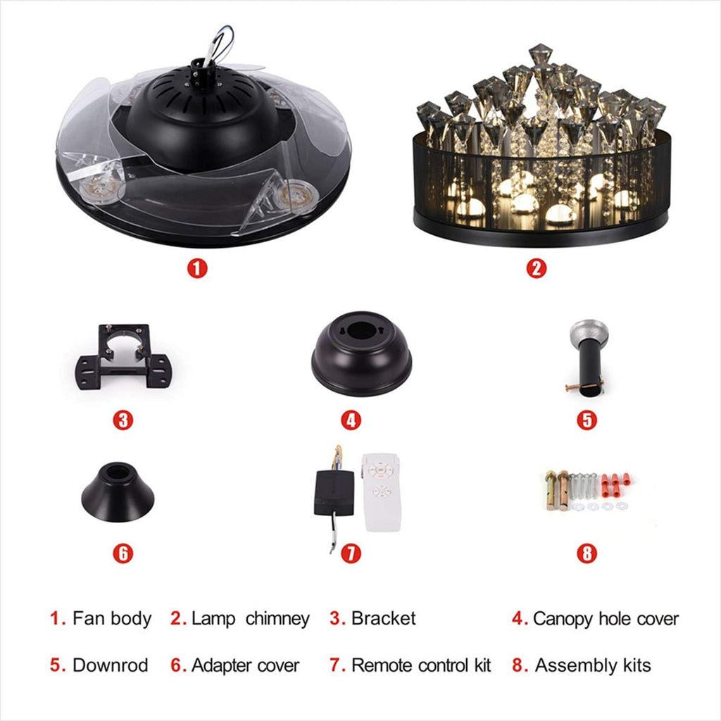 42 inches Fandelier Crystal Ceiling Fans Lights with Remote Control, Ceiling Fan Chandelier with 3 Colors 3 Speed Fan Chandelier with LED Lights for Living Room Bedroom, DS-FZ190, Black A