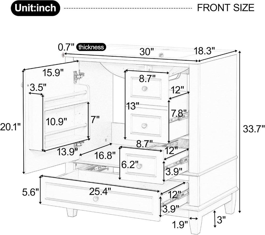 30' Modern Freestanding Bathroom Vanity with Ceramic Sink Top, 3 Drawers & Storage Shelves - MDF & Solid Wood Base