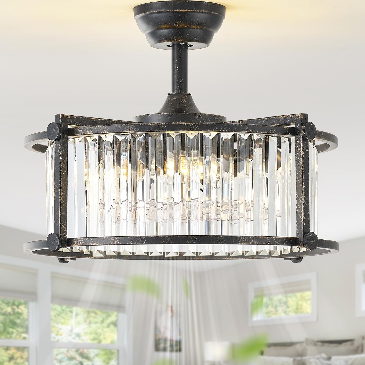 20' Farmhouse Rustic Crystal Fandelier Ceiling Fans with Lights, Black Crystal Industrial Chandelier Ceiling Fan with Light and Remote, Caged with 6 Speeds for Bedroom, Nursery, Living Room