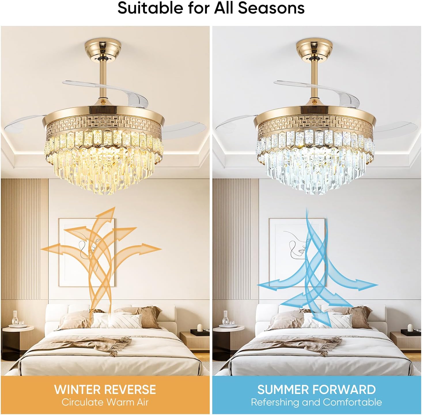 42' Chandelier Ceiling Fan with Lights,Crystal Fandelier Ceiling Fan with Retractable Blades,Chandelier Fans for Bedroom Living Room,6 Speeds,3 Color Temperatures,Remote & APP Control-Gold