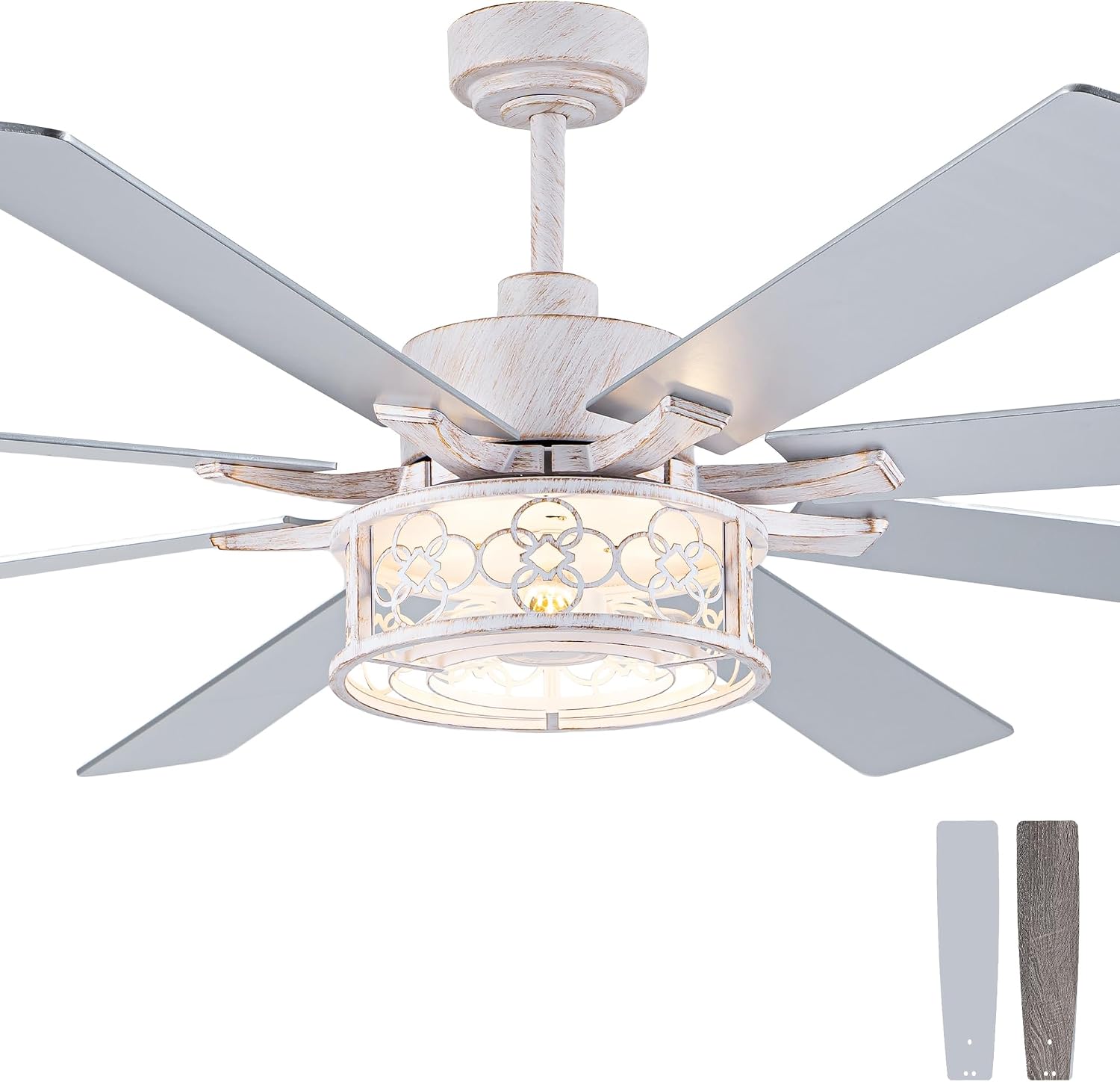 72 Inch Farmhouse Ceiling Fan with Lights Large Chandelier Caged Fan with Quiet Reversible DC Motor Rustic Fan with Wooden Blades White - Ideal for Bedroom, Living Room, Dining Room, Any Big Spaces