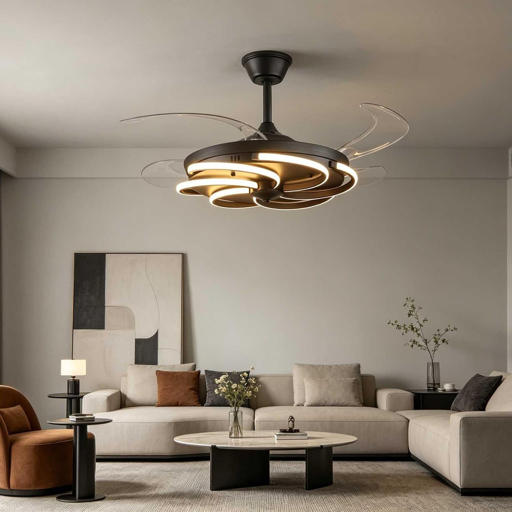 42' Retractable Ceiling Fan with Lights Modern Fandelier Fan Light with Remote Bladeless Fan Ceiling Light for Bedroom Living Room 6 Speed Black (Black RFL25012)