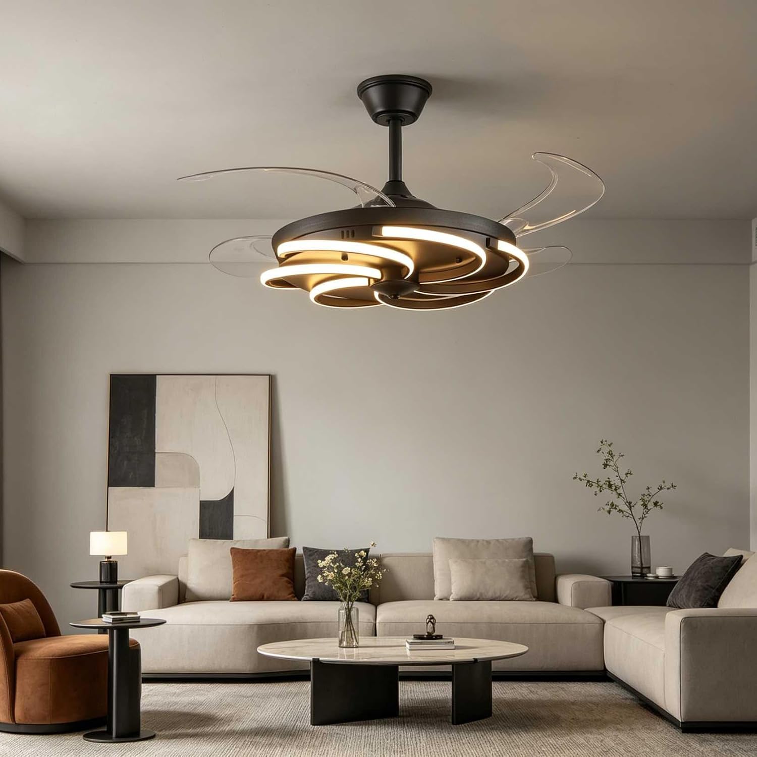 42' Retractable Ceiling Fan with Lights Modern Fandelier Fan Light with Remote Bladeless Fan Ceiling Light for Bedroom Living Room 6 Speed Black (Black RFL25012)