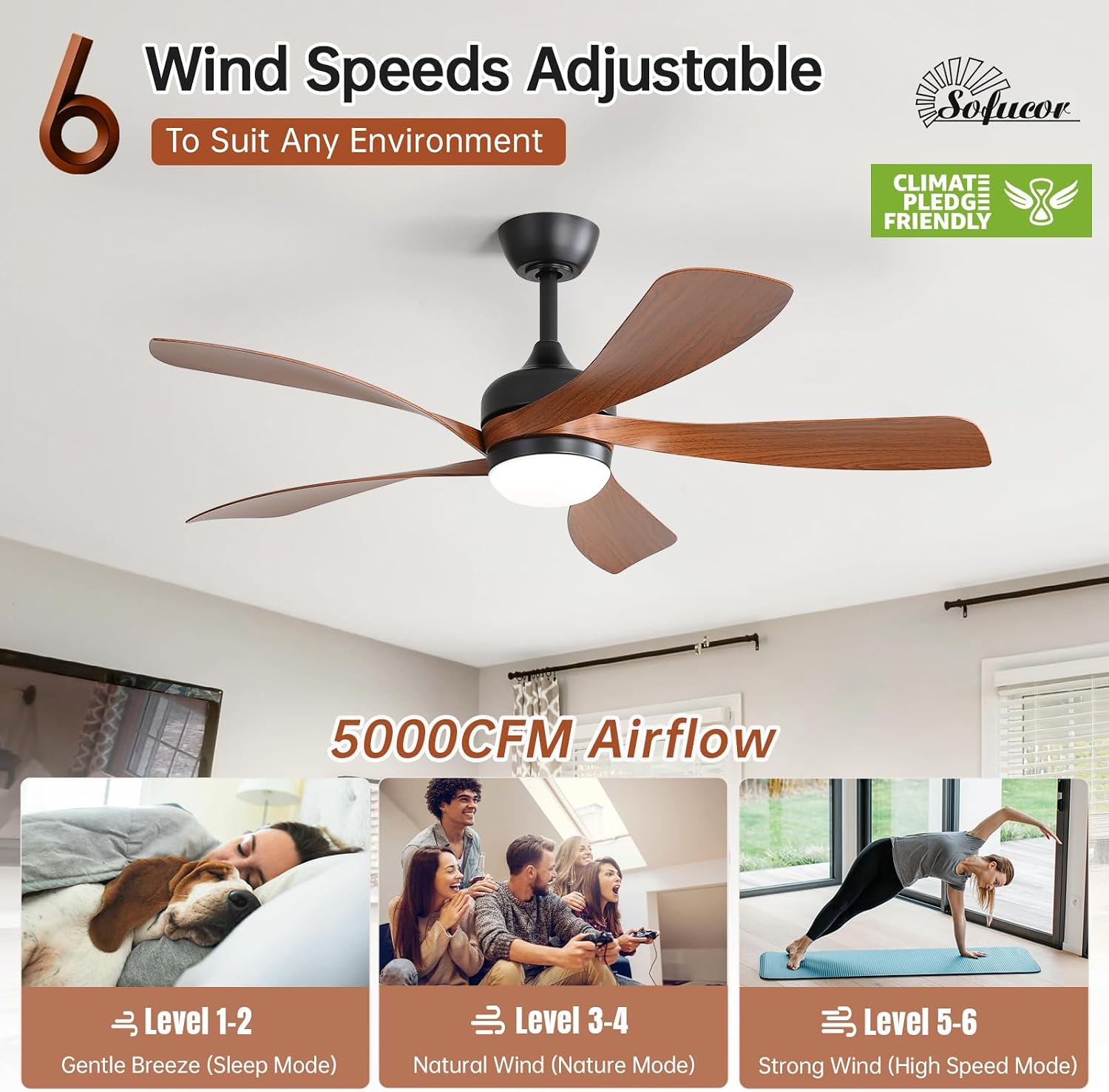 Sofucor 52 Inch Ceiling Fan with Light, Modern Ceiling Fan with Dimmable Memory LED - Quiet DC Motor, 6 Speeds 5000CFM, Timer, Reversible, for Living Room Bedroom, ETL, 5 Plastic+ABS Blades, Brown