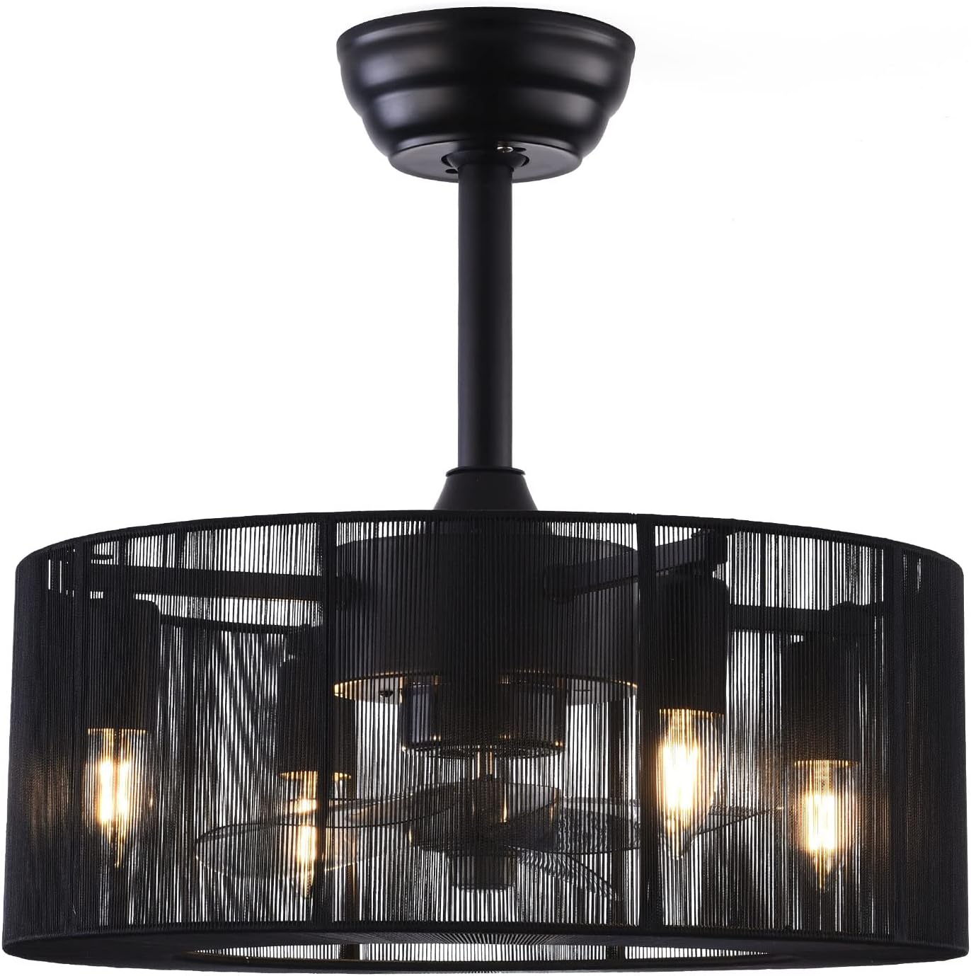 LOYALHEARTDY Caged Ceiling Fans with Lights and Remote 18' Black Fringe Tassel Ceiling Fan 3-Speed Modern Downrod Mount Bladeless Ceiling Fan Kids Fan