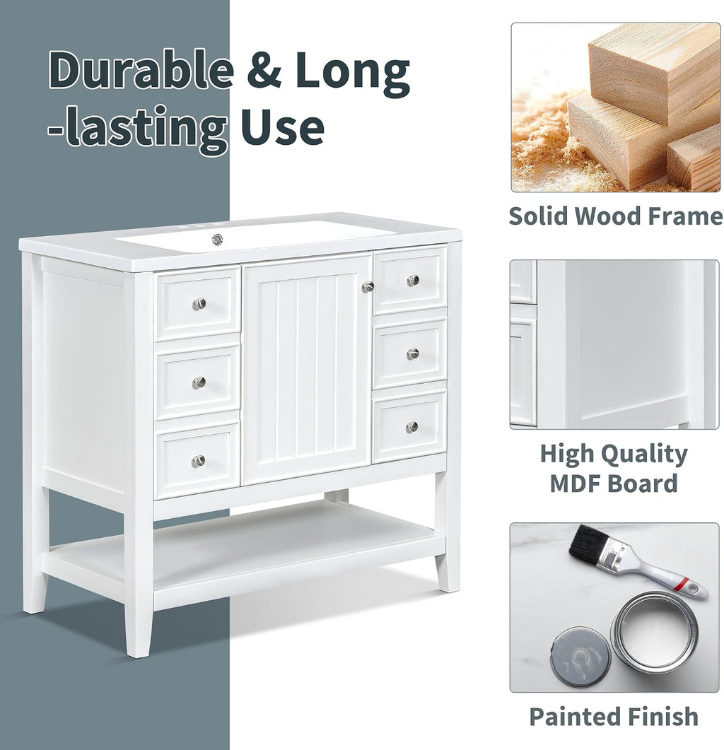 36' Vanity Bathroom Cabinet with Sink Top, Three Multi-Functional Drawers, Open Storage Space, Adjustable Shelf, White