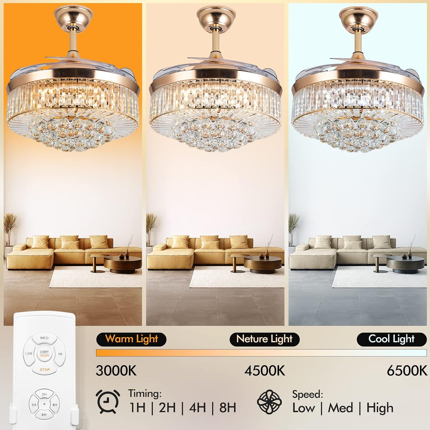 42 inch Luxury Crystal Remote Control Gold Ceiling Fan Light with 3 Colors Change LED Retractable Blades Chandelier Decor (Gold-42 Inch)