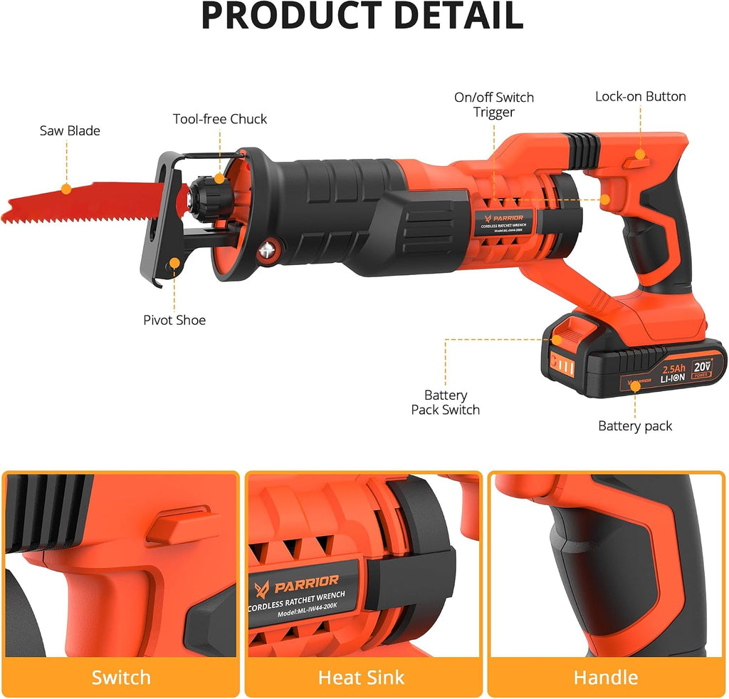 20V Cordless Reciprocating Saw, 0-2800rpm Variable Speed Power Reciprocating Saw, LED Light, Tool-Free Blade Change Reciprocating Saw Blades Kit for Wood/Metal/PVC Cutting