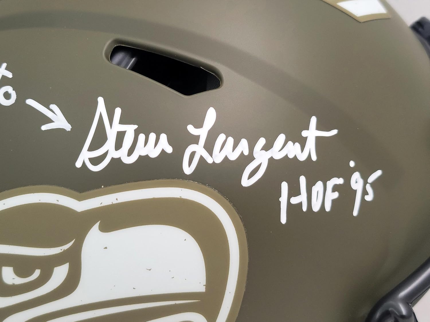 Steve Largent & Jim Zorn Autographed Seattle Seahawks Camo Salute To Service Full Size Authentic Speed Helmet 'TD Seahawks!' MCS Holo Stock #210442 - Autographed NFL Helmets