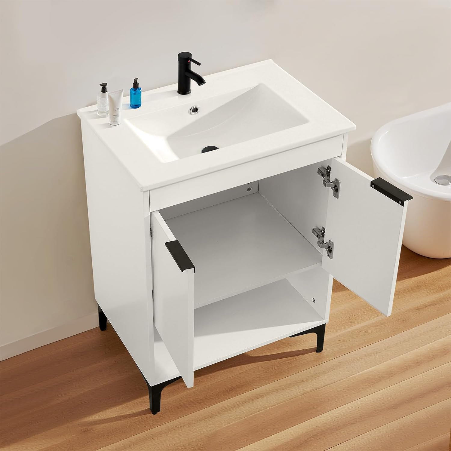 24 in. W x 18.3 in. D Bathroom Undermount Ceramic Sink Top W/One Hole, Drop in Bathroom Vessel Sink Rectangle, Without Matte Black Faucet & Pop up-Drain, for Bathrooms, White