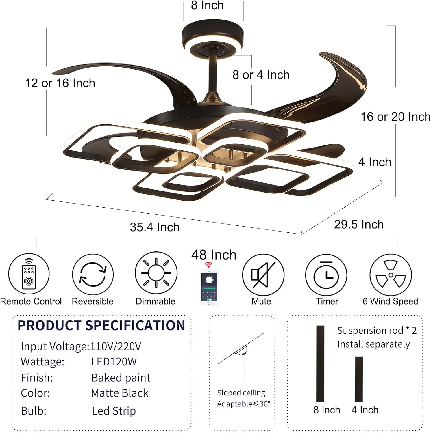 48 Inch Retractable Fandelier Ceiling Fan Chandelier with Lights and Remote for Bedroom Indoor Decoration, 3 Color Changeable, Dimmable with App, Timer Setting, Black