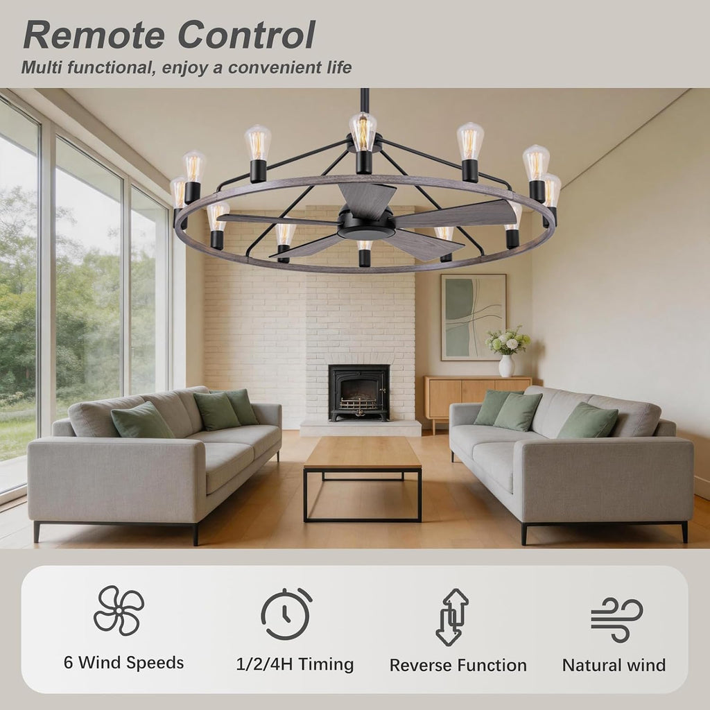 44'' Ceiling Fan with Light, Wood Wagon Wheel Chandelier, Large Farmhouse Fandelier Light Fixture, Chandelier for Living Room, Dining Room, Adjustable High Ceilings