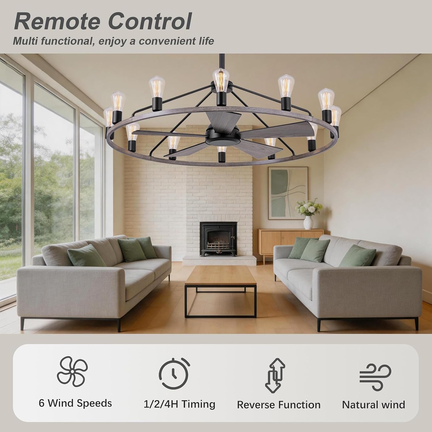 44'' Ceiling Fan with Light, Wood Wagon Wheel Chandelier, Large Farmhouse Fandelier Light Fixture, Chandelier for Living Room, Dining Room, Adjustable High Ceilings