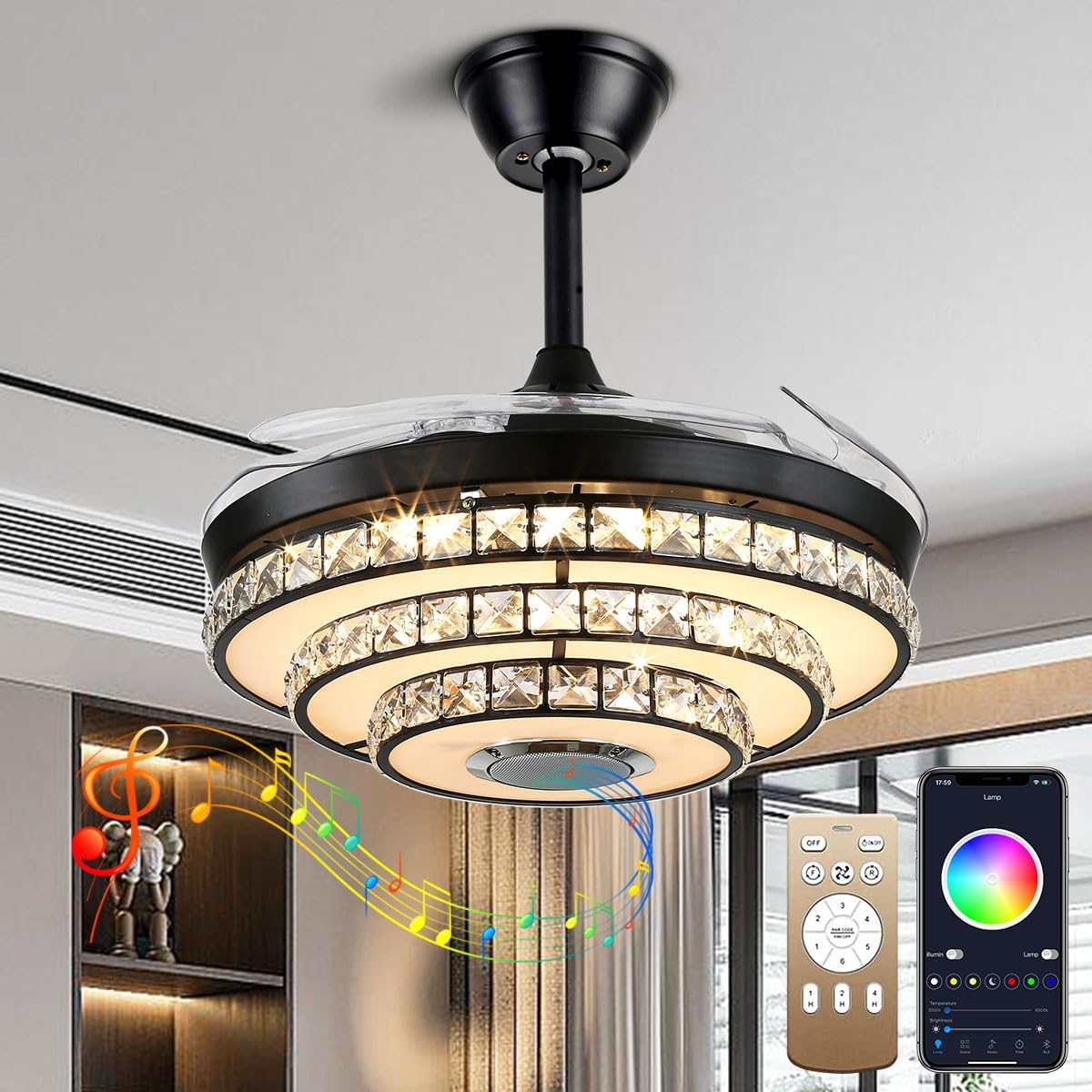 42' Fandelier Ceiling Fan with Light Bluetooth Speaker, Modern Retractable Reversible Chandelier Fan Black Crystal Ceiling Fan Light with Remote 6 Speeds 7 Color Change for Bedroom