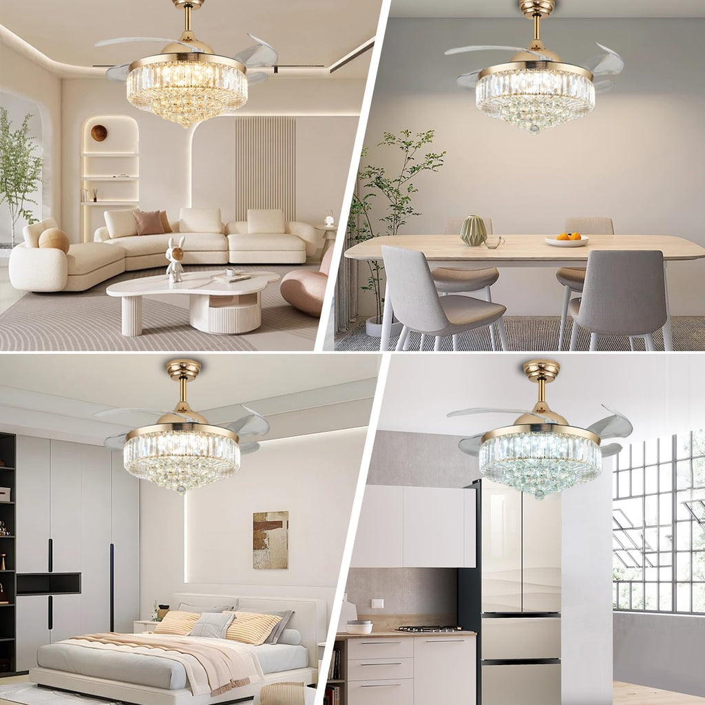 48'' Crystal Ceiling Fan with Light and Remote,Modern Gold Fandelier with Invisible Retractable Blades,Dimmable Chandelier Ceiling Fan for Bedroom Living Room Dining Room