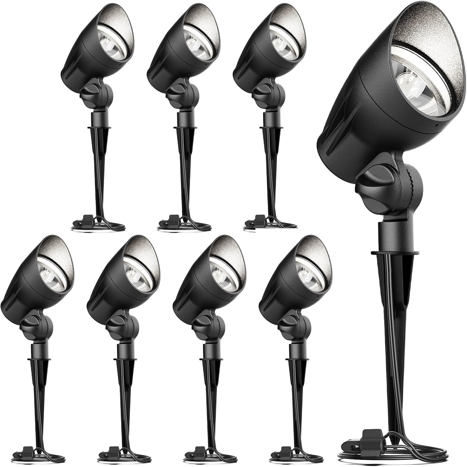 GOODSMANN Low Voltage Spotlights 12V AC Black Landscape Lighting Kit 8PK 5W LED 6500K Spot Lights Outdoor Hardwired Replaceable LED 400 Lumen Floodlights with Connectors and Metal Stakes