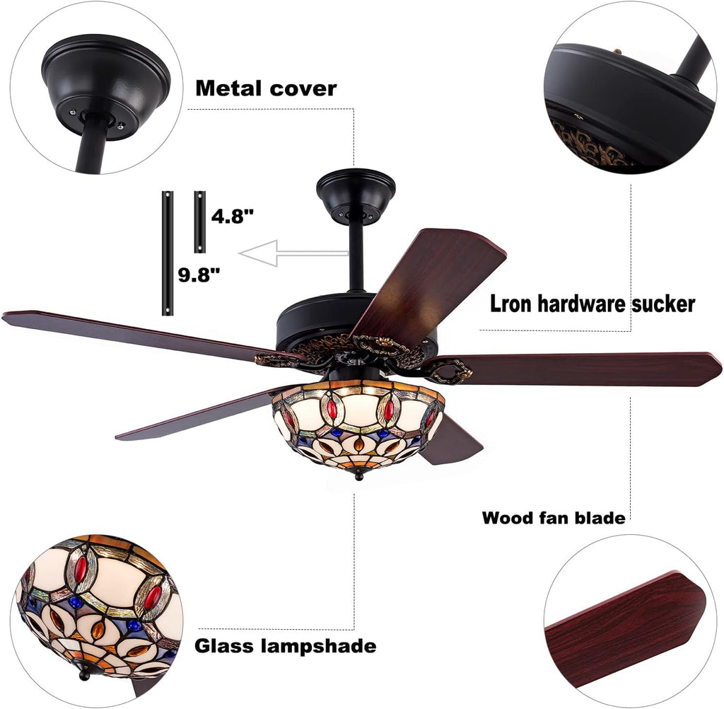 Tiffany-Style Stained Glass Ceiling Fan with Lights,52 Inch Chandelier Fan Light with 5 Reversible Wood Blades 3 Color/3 Speed Indoor Ceiling Fan with Remote Control,for Dining Living Room