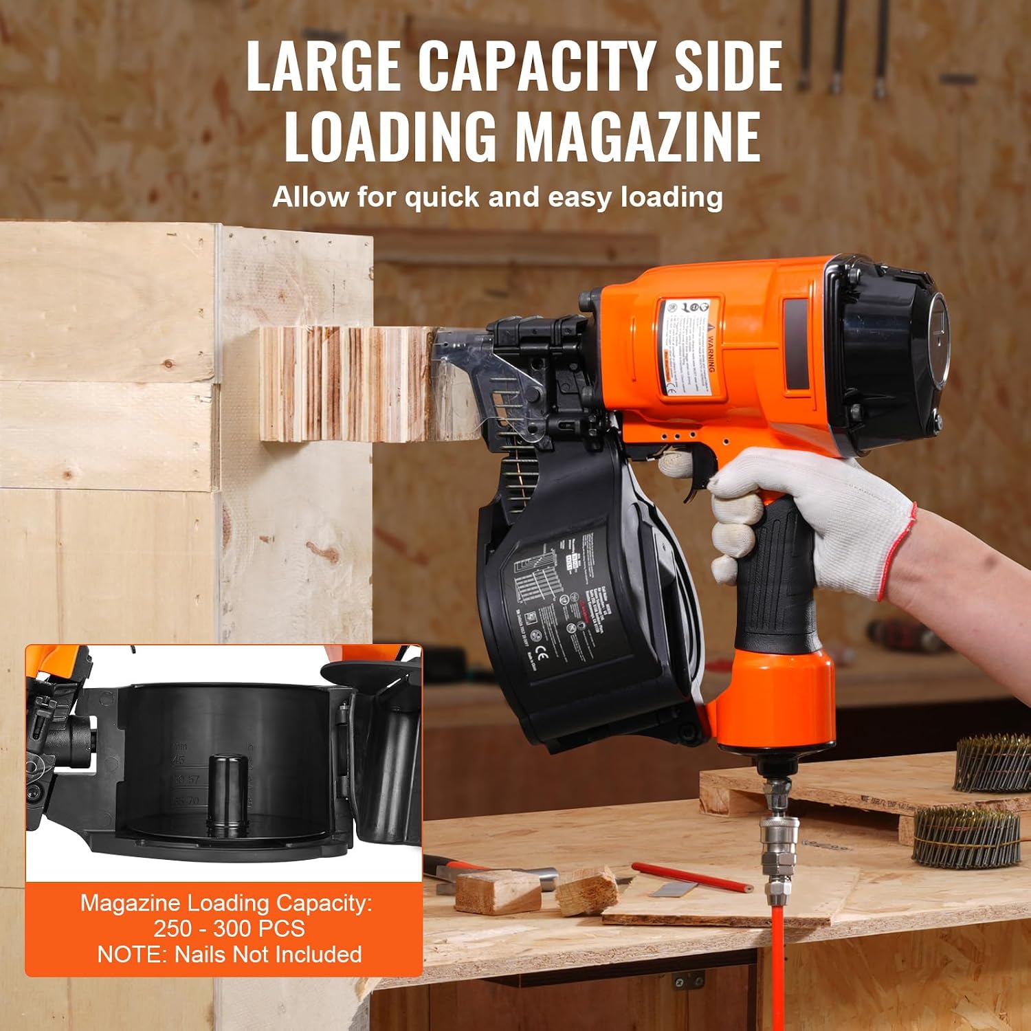 Happybuy Coil Siding Nailer MCN70, 1-3/4' to 2-3/4' 15 Degree Pneumatic Siding Nail Gun, 70-120PSI Air Coil Nailer for Pallet, Crating, Framing, Siding and Fencing