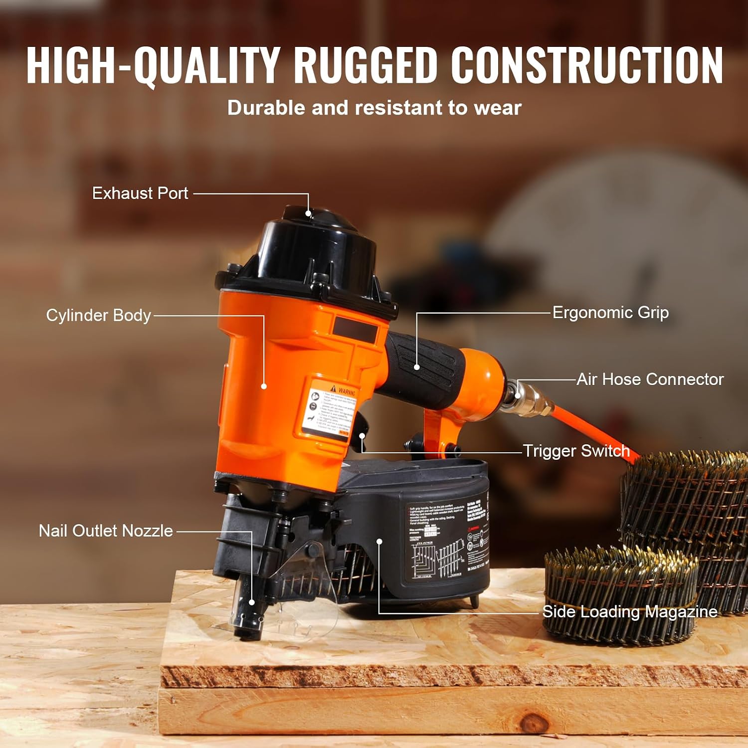Happybuy Coil Siding Nailer MCN55, 1 inch to 2-1/4 inch 15 Degree Pneumatic Siding Nail Gun, 70-120PSI Air Coil Nailer for Siding, Pallet Sheathing, Fencing, Decking