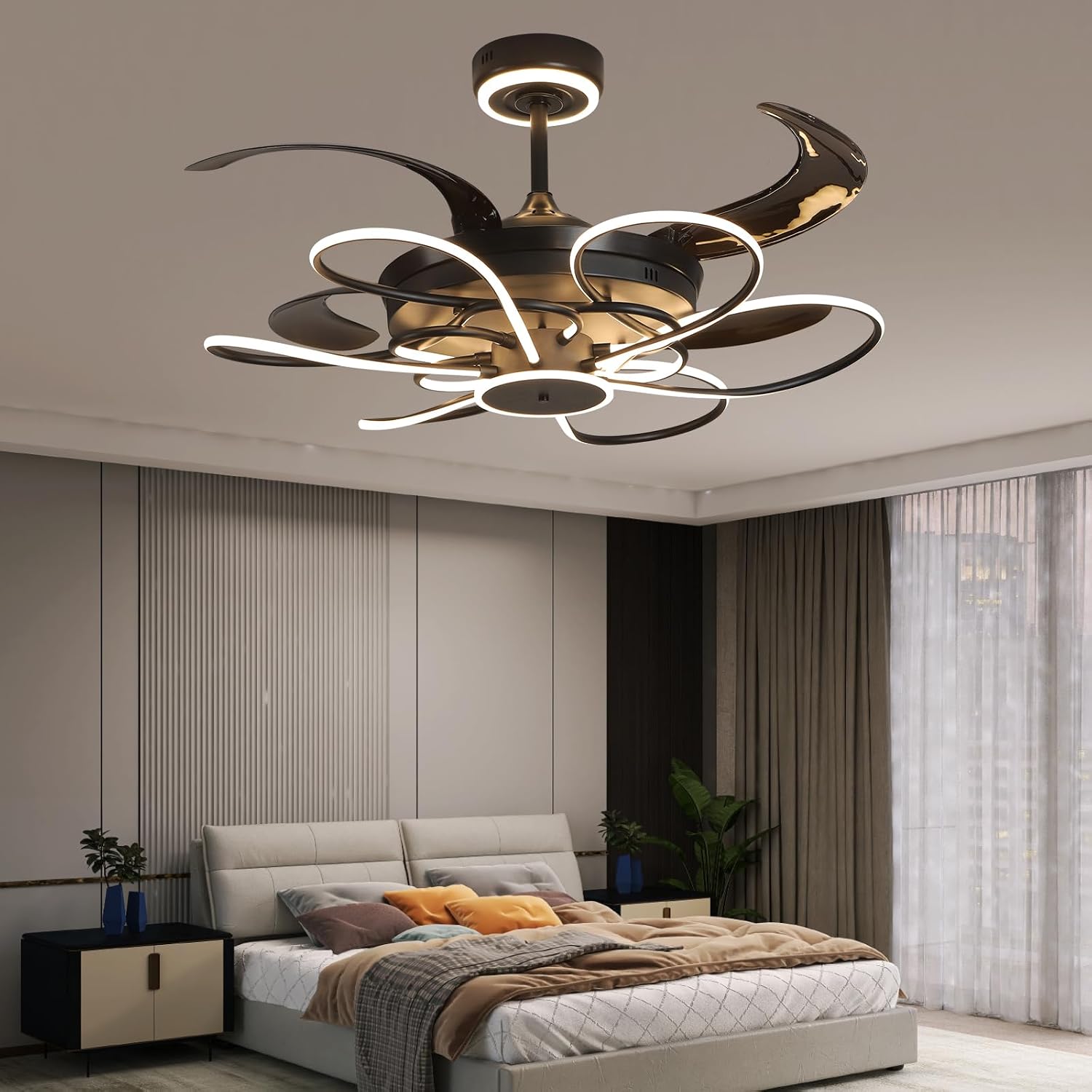 48 Inch Retractable Fandelier Ceiling Fan Chandelier with Lights and Remote for Bedroom Indoor Decoration, 3 Color Changeable, Dimmable with App, Timer Setting, Black