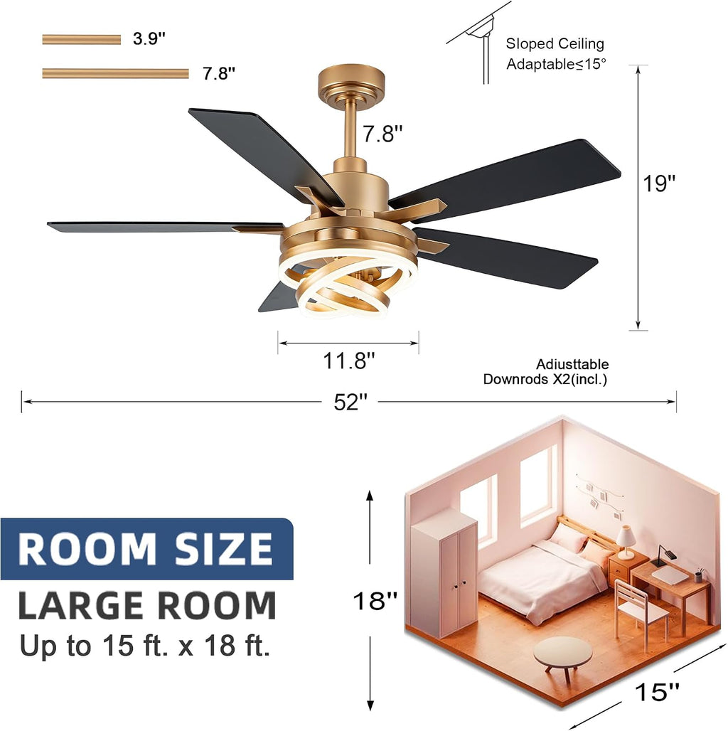52' Ceiling Fans with Lights,Chandelier Fan with 6-Speed Dimmable LED and Reversible DC Motor,DIY Rings LED,Fandelier Ceiling Fan with 5 Dual Finish Blades for Living Room/Bedroom