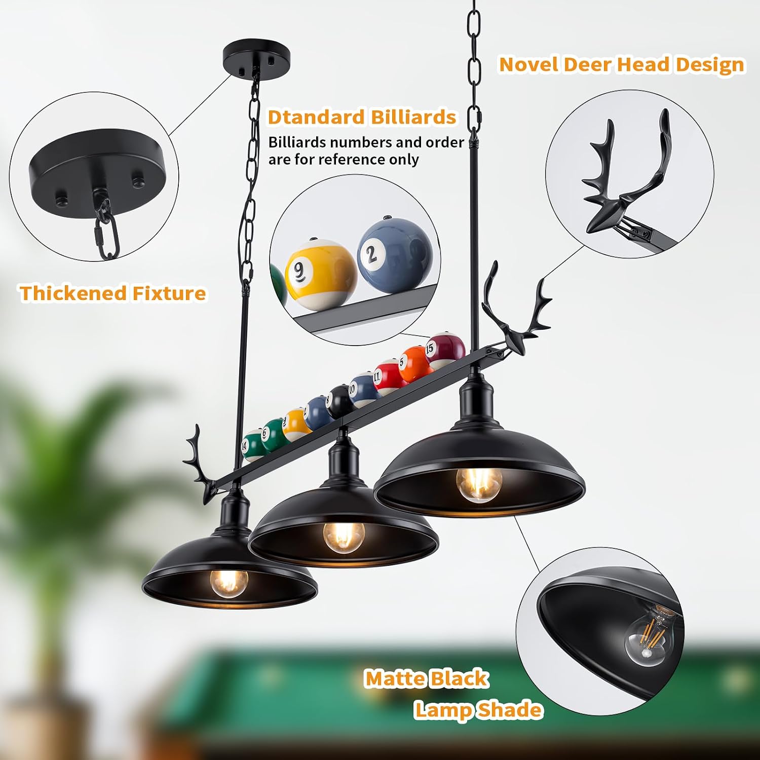 Billiard Lighting Hanging Restaurant Pendant: Pool Table Light for 7'-8' Table,3 Light Modern with Black Metal Shade Pendant Lighting Fixture for Billiards Room,Game Room,Kitchen Island (38 inch)