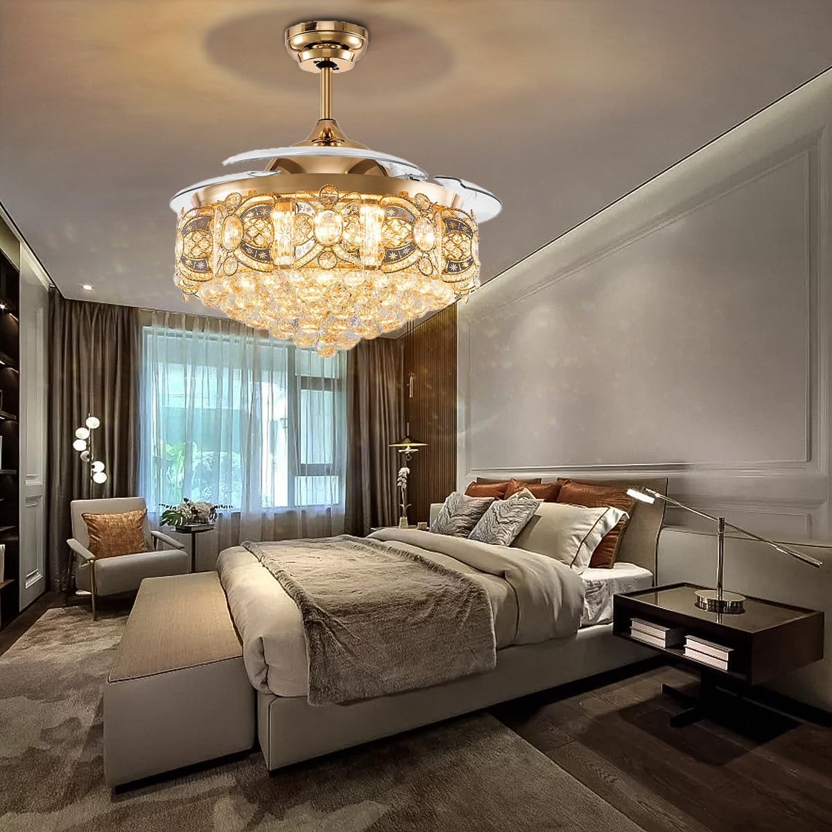 42' Modern Fandelier Crystal Ceiling Fan with Light and Remote, Luxury Gold Chandelier Ceiling Fan with Retractable Blades 3 Colors Change 3 Speeds for Living Room Bedroom