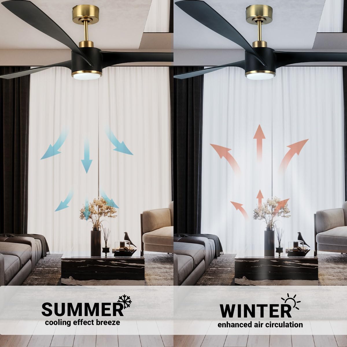 Wynwood QL2314BK 60-Inch Matte Black Edgewater Ceiling Fans with Lights, DC Motor, 6-Speed Remote Control, 3-CCT Dimmable LED, Reversible Airflow, ABS Blades, Downrod Mount, Indoor Ceiling Fan
